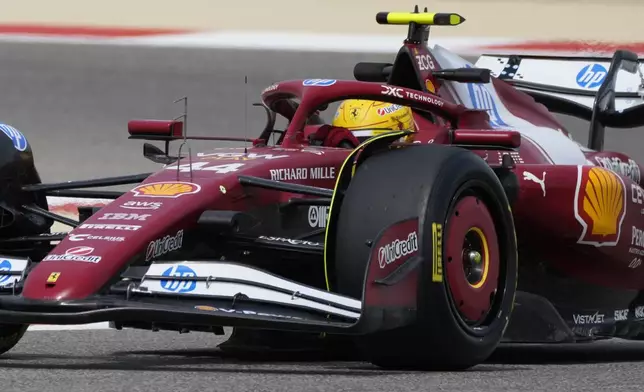 Ferrari driver Lewis Hamilton of Britain in action during a Formula One pre-season test at the Bahrain International Circuit in Sakhir, Bahrain, Wednesday, Feb. 26, 2025. (AP Photo/Darko Bandic)