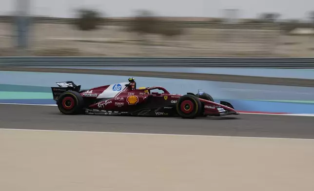 Ferrari driver Lewis Hamilton of Britain in action during a Formula One pre-season test at the Bahrain International Circuit in Sakhir, Bahrain, Wednesday, Feb. 26, 2025. (AP Photo/Darko Bandic)