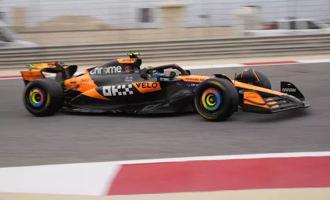 McLaren driver Lando Norris of Britain in action during a Formula One pre-season test at the Bahrain International Circuit in Sakhir, Bahrain, Wednesday, Feb. 26, 2025. (AP Photo/Darko Bandic)
