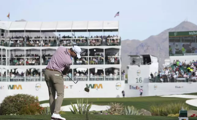 Thomas Detry, of Belgium, hits his tee shot at the 16th hole during the third round of the Phoenix Open golf tournament at TPC Scottsdale Saturday, Feb. 8, 2025, in Scottsdale, Ariz. (AP Photo/Ross D. Franklin)