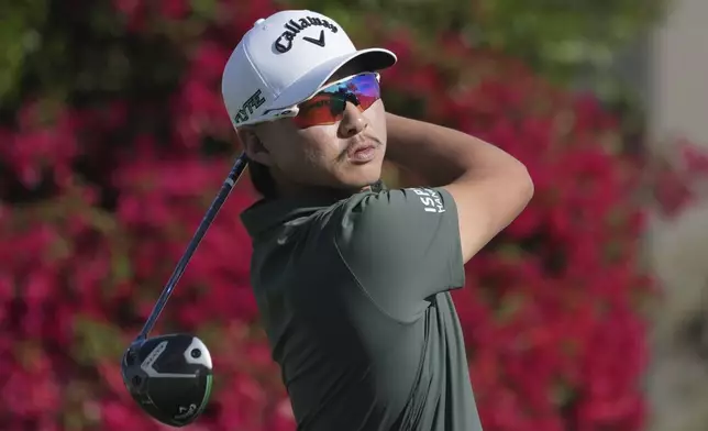 Min Woo Lee, of Australia, hits his tee shot at the second hole during the third round of the Phoenix Open golf tournament at TPC Scottsdale Saturday, Feb. 8, 2025, in Scottsdale, Ariz. (AP Photo/Ross D. Franklin)