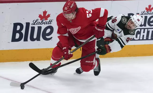 Detroit Red Wings defenseman Moritz Seider (53) protects the puck from Minnesota Wild right wing Mats Zuccarello (36) in the first period of an NHL hockey game Saturday, Feb. 22, 2025, in Detroit. (AP Photo/Paul Sancya)
