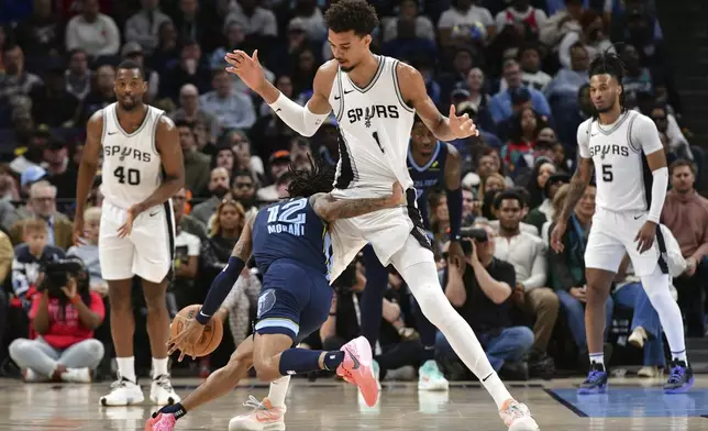 Memphis Grizzlies guard Ja Morant (12) handles the ball against San Antonio Spurs center Victor Wembanyama (1) in the first half of an NBA basketball game Monday, Feb. 3, 2025, in Memphis, Tenn. (AP Photo/Brandon Dill)