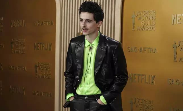 Timothee Chalamet arrives at the 31st annual Screen Actors Guild Awards on Sunday, Feb. 23, 2025, at the Shrine Auditorium in Los Angeles. (Photo by Jordan Strauss/Invision/AP)