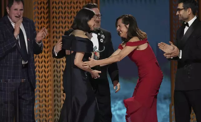 Richard Kind, from left, Selena Gomez, Michael Cyril Creighton, Molly Shannon and Kumail Nanjiani accept the award for the award for outstanding performance by an ensemble in a comedy series for "Only Murders In The Building" during the 31st annual Screen Actors Guild Awards on Sunday, Feb. 23, 2025, at the Shrine Auditorium in Los Angeles. (AP Photo/Chris Pizzello)