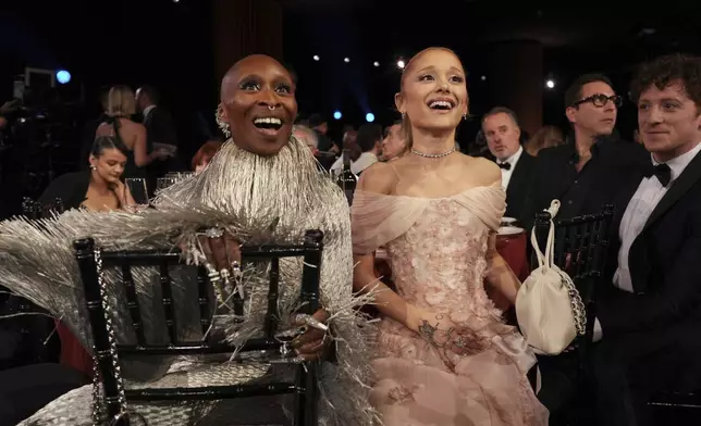 Cynthia Erivo, from left, Ariana Grande, and Ethan Slater in the audience during the 31st annual Screen Actors Guild Awards on Sunday, Feb. 23, 2025, at the Shrine Auditorium in Los Angeles. (AP Photo/Chris Pizzello)