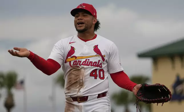 St. Louis Cardinals first baseman Willson Contreras talks with teammates in the dugout during the fourth inning of a spring training baseball game against the New York Mets Monday, Feb. 24, 2025, in Jupiter, Fla. (AP Photo/Jeff Roberson)