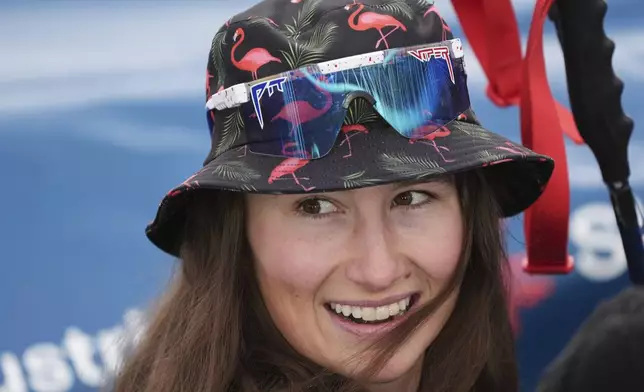United States' Lauren Macuga smiles at the finish area of a slalom run of a women's team combined event, at the Alpine Ski World Championships, in Saalbach-Hinterglemm, Austria, Tuesday, Feb. 11, 2025. (AP Photo/Giovanni Auletta)