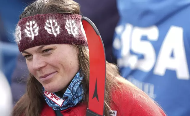 United States' Breezy Johnson at the finish area of a downhill run of a women's team combined event, at the Alpine Ski World Championships, in Saalbach-Hinterglemm, Austria, Tuesday, Feb. 11, 2025. (AP Photo/Giovanni Auletta)