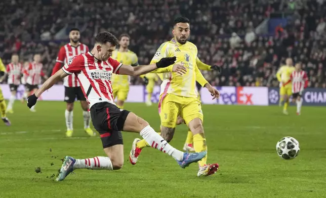 PSV's Ivan Perisic scores his side's opening goal during the Champions League playoff second leg soccer match between PSV and Juventus at Phillips Stadium in Eindhoven, Netherlands, Wednesday, Feb.19, 2025. (AP Photo/Peter Dejong)