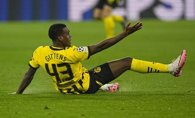 Dortmund's Jamie Bynoe-Gittens reacts during the Champions League playoff second leg soccer match between Borussia Dortmund and Sporting CP at the Signa-Iduna Park in Dortmund, Germany, Wednesday, Feb. 19, 2025. (AP Photo/Martin Meissner)