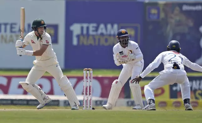 Australia's Marnus Labuschagne plays a shot during day four of the second test cricket match between Sri Lanka and Australia in Galle, Sri Lanka, Sunday, Feb. 9, 2025. (AP Photo/Eranga Jayawardena)