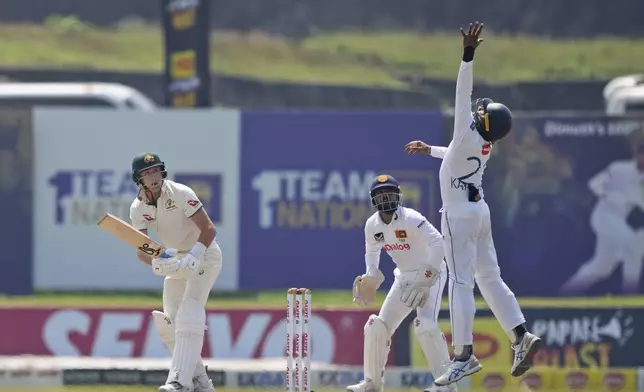 Australia's Marnus Labuschagne plays a shot during day four of the second test cricket match between Sri Lanka and Australia in Galle, Sri Lanka, Sunday, Feb. 9, 2025. (AP Photo/Eranga Jayawardena)