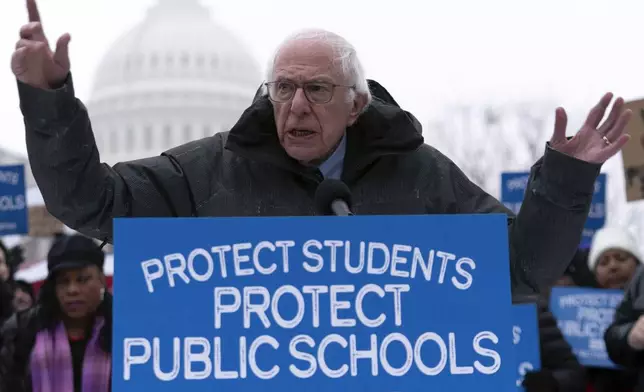 Sen. Bernie Sanders, I-Vt., speaks during a rally against the policies of President Donald Trump and Elon Musk at the U.S. Capitol in Washington, Wednesday, Feb. 12, 2025. (AP Photo/Jose Luis Magana)