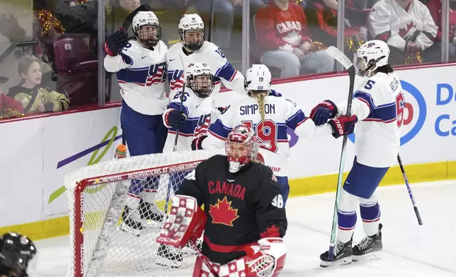 Members of Team USA celebrate a goal behind Team Canada goaltender Emerance Maschmeyer during the third period of Rivalry Series hockey action in Summerside, Canada, on Saturday, Feb. 8, 2025. (Darren Calabrese/The Canadian Press via AP)