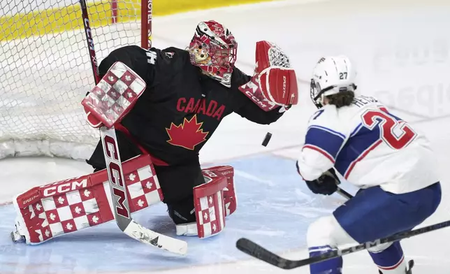 Team Canada goaltender Emerance Maschmeyer, left, makes a save against United States' Taylor Heise, right, during the third period of a Rivalry Series hockey game in Summerside, Prince Edward Island, Canada, Saturday, Feb. 8, 2025. (Darren Calabrese/The Canadian Press via AP)