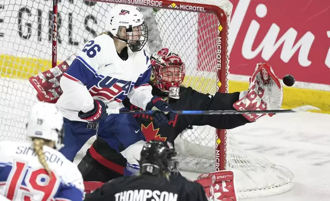 Team Canada goaltender Emerance Maschmeyer, right, makes a save in front of Team USA's Kendall Coyne Schofield during the second period of a Rivalry Series hockey game in Summerside, Prince Edward Island, Canada, Saturday, Feb. 8, 2025. (Darren Calabrese/The Canadian Press via AP)