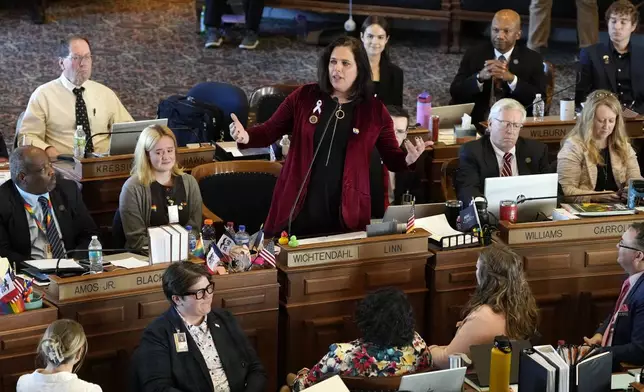 Rep. Aime Wichtendahl, D-Hiawatha, speaks during debate on the gender identity bill, Thursday, Feb. 27, 2025, at the Statehouse in Des Moines, Iowa. (AP Photo/Charlie Neibergall)