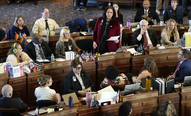 Rep. Aime Wichtendahl, D-Hiawatha, speaks during debate on the gender identity bill, Thursday, Feb. 27, 2025, at the Statehouse in Des Moines, Iowa. (AP Photo/Charlie Neibergall)