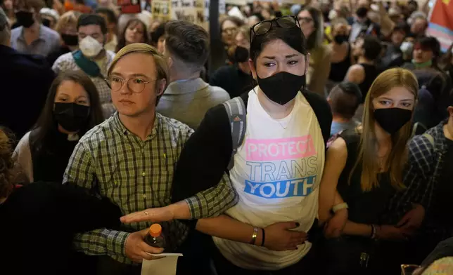 Protesters fill the Iowa state Capitol to denounce a bill that would strip the state civil rights code of protections based on gender identity, Thursday, Feb. 27, 2025, in Des Moines, Iowa. (AP Photo/Charlie Neibergall)