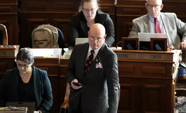 Rep. Steven Holt, R-Denison, speaks during debate on the gender identity bill, Thursday, Feb. 27, 2025, at the Statehouse in Des Moines, Iowa. (AP Photo/Charlie Neibergall)