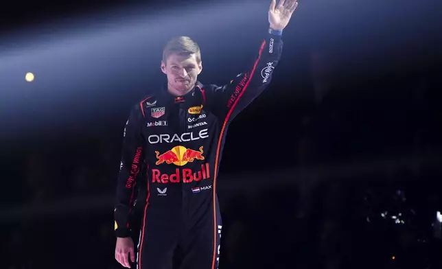 Red Bull driver Max Verstappen waves during the F1 75 Live event at the O2 arena in London, England, Tuesday, Feb. 18, 2025.(Bradley Collyer/PA via AP)
