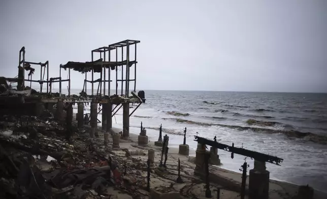 A fire-damaged beachfront property is seen in the Palisades Fire zone during a storm Thursday, Feb. 13, 2025, in Malibu, Calif. (AP Photo/Ethan Swope)