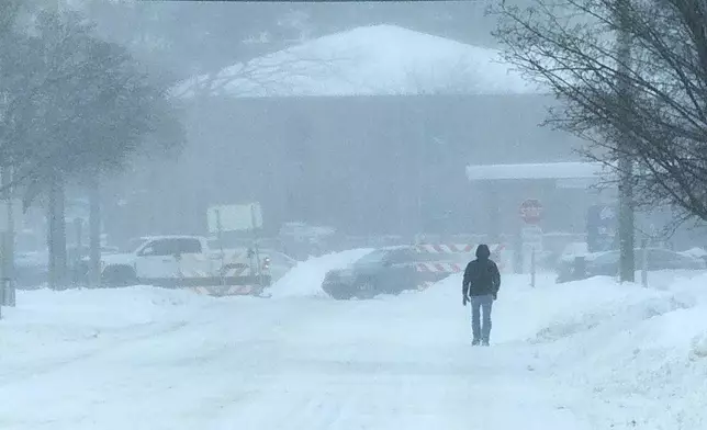 A pedestrian walks along Bay Street on a snowy Wednesday, Feb 12, 2025, in Traverse City, Mich. (Jan-Michael Stump/Traverse City Record-Eagle via AP)