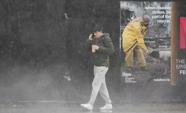A pedestrian walks in the rain Thursday, Feb. 13, 2025, in Los Angeles. (AP Photo/Damian Dovarganes)