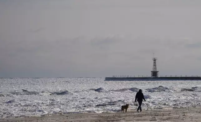 A person walks on a beach along the shore of ice covered Lake Michigan Thursday, Feb. 13, 2025, in Chicago. (AP Photo/Kiichiro Sato)