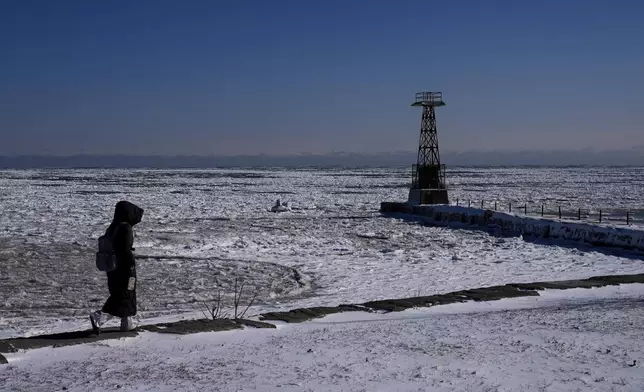 A person walks along the shore of ice covered Lake Michigan Thursday, Feb. 13, 2025, in Chicago. (AP Photo/Kiichiro Sato)