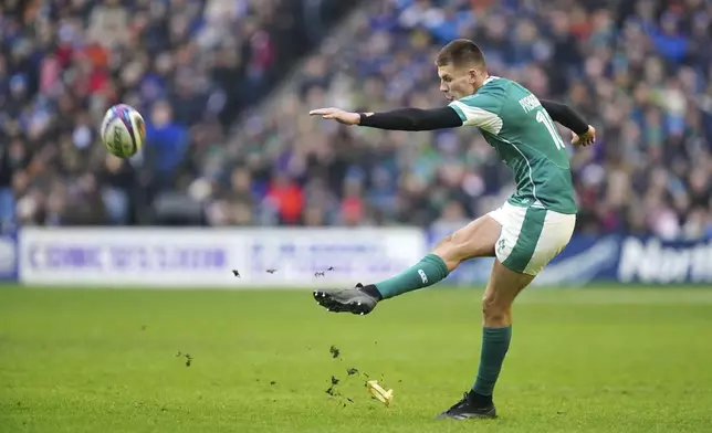 Ireland's Sam Prendergast scores a penalty during the Six Nations match between Scotland and Ireland at Murrayfield Stadium, Edinburgh, Sunday Feb. 9, 2025. (Jane Barlow/PA via AP)