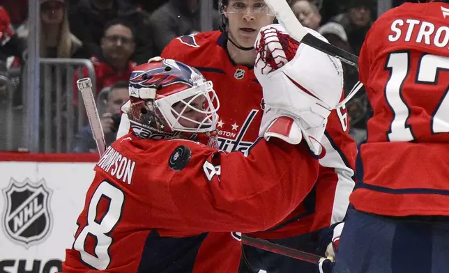 Washington Capitals goaltender Logan Thompson (48) looks for the puck during the second period of an NHL hockey game against the Utah Hockey Club, Sunday, Feb. 9, 2025, in Washington. (AP Photo/Nick Wass)