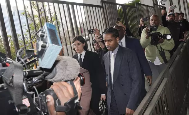 A$AP Rocky arrives at court for his trial Tuesday, Feb. 18, 2025, in Los Angeles. (AP Photo/Damian Dovarganes)