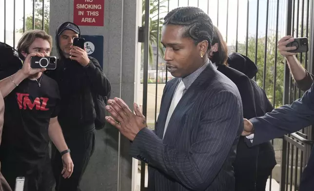 A$AP Rocky arrives at court for his trial Tuesday, Feb. 18, 2025, in Los Angeles. (AP Photo/Damian Dovarganes)