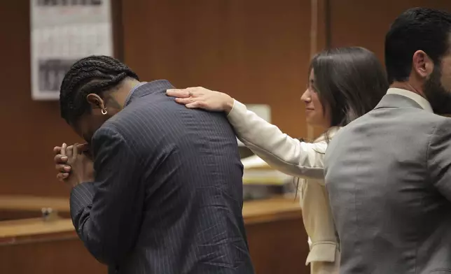 A$AP Rocky reacts in the courtroom after he was found not guilty during his trial Tuesday, Feb. 18, 2025, in Los Angeles. (Daniel Cole/Pool Photo via AP)