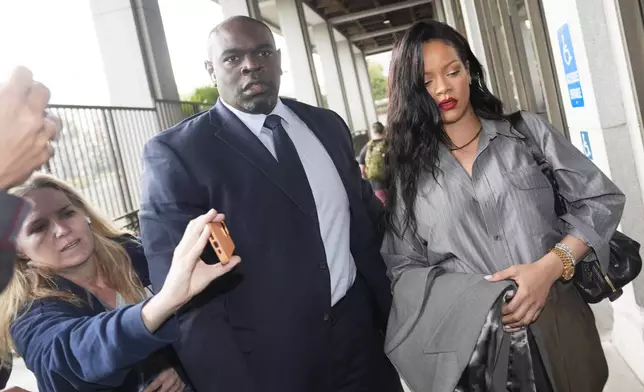 Rihanna arrives at court for the trial of A$AP Rocky, Tuesday, Feb. 18, 2025, in Los Angeles. (AP Photo/Damian Dovarganes)