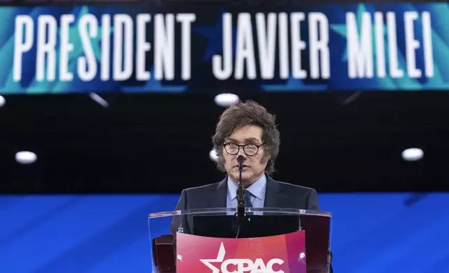 Argentina's President Javier Milei speaks at the Conservative Political Action Conference, CPAC, at the Gaylord National Resort &amp; Convention Center, Saturday, Feb. 22, 2025, in Oxon Hill, Md. (AP Photo/Jose Luis Magana)