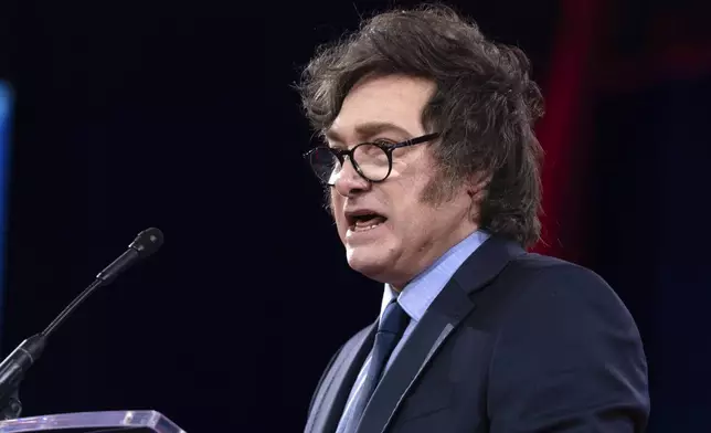 Argentina's President Javier Milei speaks at the Conservative Political Action Conference, CPAC, at the Gaylord National Resort &amp; Convention Center, Saturday, Feb. 22, 2025, in Oxon Hill, Md. (AP Photo/Jose Luis Magana)