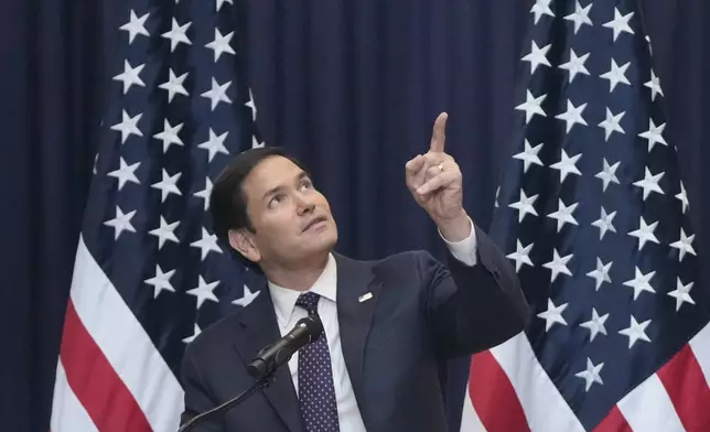 U.S. Secretary of State Marco Rubio speaks to employees and families during a meet-and-greet at the United States Embassy in Panama City Panama City, Sunday, Feb. 2, 2025. (AP Photo/Mark Schiefelbein, Pool)