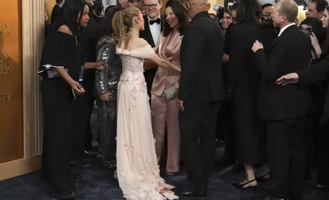 Ariana Grande, left, and Fran Drescher arrive at the 31st annual Screen Actors Guild Awards on Sunday, Feb. 23, 2025, at the Shrine Auditorium in Los Angeles. (Photo by Jordan Strauss/Invision/AP)