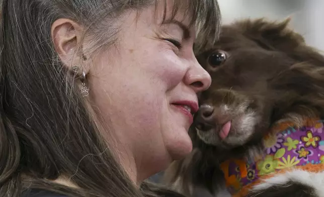 Alicia Bismore with her dog Dazy, waits for the flyball tournament at the 149th Westminster Kennel Club Dog show, Saturday, Feb. 8, 2025, in New York. (AP Photo/Heather Khalifa)