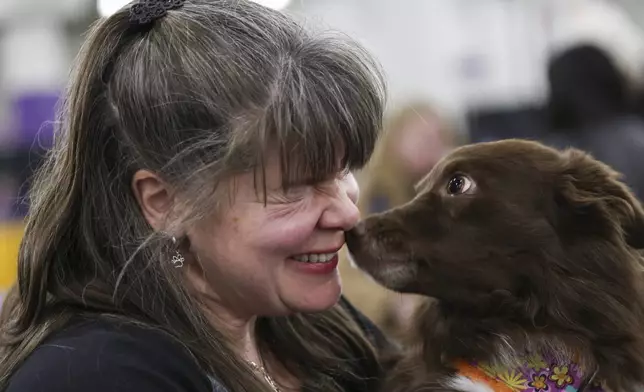 Alicia Bismore and her dog Dazy rub noses as they wait for the start of the flyball tournament at the 149th Westminster Kennel Club Dog show, Saturday, Feb. 8, 2025, in New York. (AP Photo/Heather Khalifa)