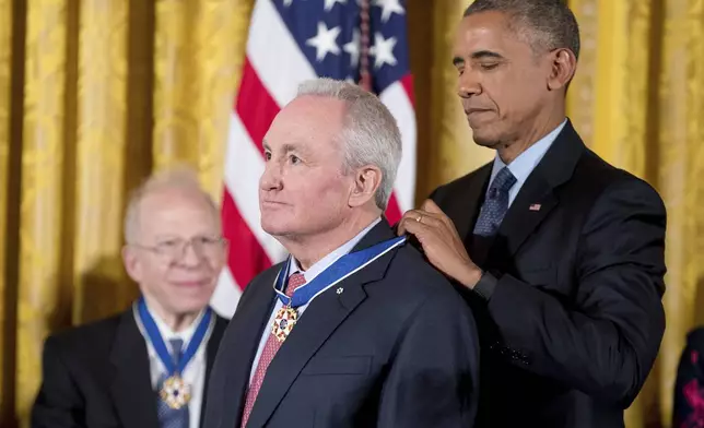 FILE - President Barack Obama presents the Presidential Medal of Freedom to "Saturday Night Live" producer Lorne Michaels during a ceremony in the East Room of the White House on Nov. 22, 2016, in Washington. (AP Photo/Andrew Harnik, File)