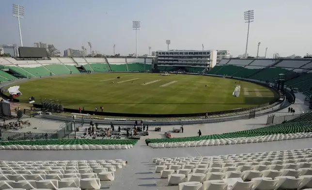 A view of newly renovated Gaddafi Stadium, which is read for the matches of tri-nation ODI series, in Lahore, Pakistan, Thursday, Feb. 6, 2025. (AP Photo/K.M Chaudary)