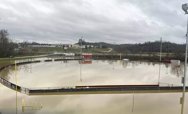 Larry Addington Field at Boyd County High School in Cannonsburg, Kentucky stands underwater, on Feb. 6, 2025, after overnight rains flooded the area. (Zack Klemme/Charleston Gazette-Mail via AP)