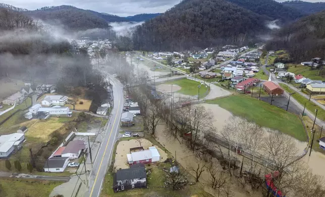 This is an aerial photo of Point Lick Park and the surrounding area of Campbells Creek, just outside of Charleston, W.Va., which flooded early Feb. 6, 2025. (Sean McCallister/Charleston Gazette-Mail via AP)