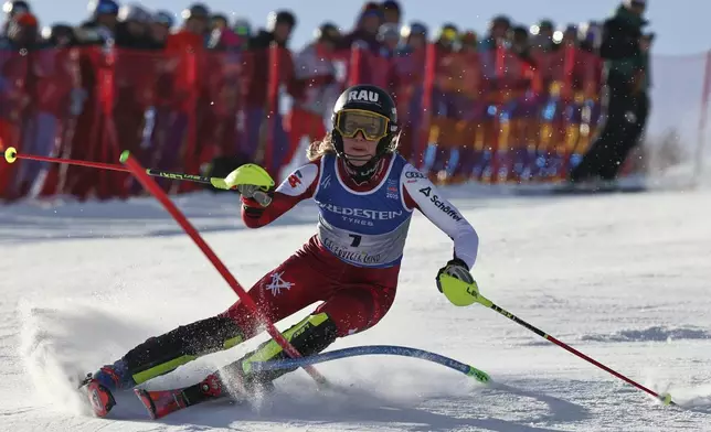 Austria's Katharina Liensberger competes in a women's slalom, at the Alpine Ski World Championships, in Saalbach-Hinterglemm, Austria, Saturday, Feb. 15, 2025. (AP Photo/Marco Trovati)