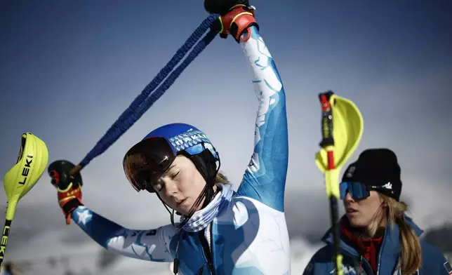 United States' Mikaela Shiffrin warms up ahead of a women's slalom, at the Alpine Ski World Championships, in Saalbach-Hinterglemm, Austria, Saturday, Feb. 15, 2025. (AP Photo/Gabriele Facciotti)