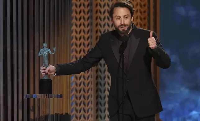 Kieran Culkin accepts the award for outstanding performance by a male actor in a supporting role for "A Real Pain" during the 31st annual Screen Actors Guild Awards on Sunday, Feb. 23, 2025, at the Shrine Auditorium in Los Angeles. (AP Photo/Chris Pizzello)